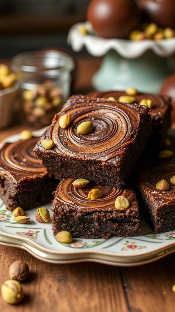 Pistachio fudge brownies with chocolate swirl and garnished with pistachios