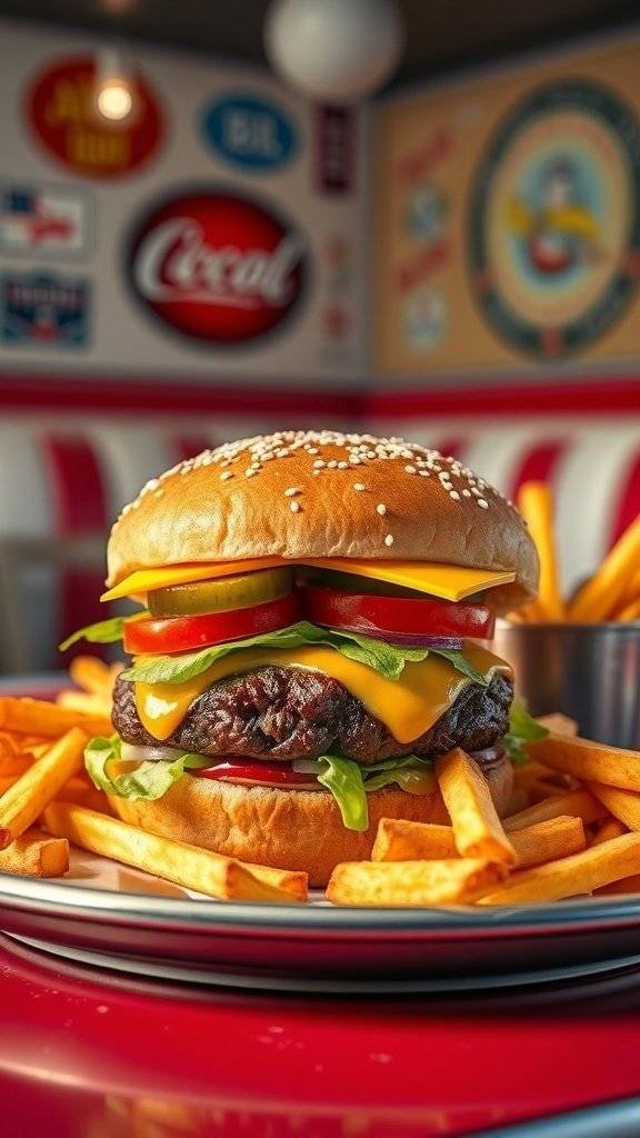 A delicious cheeseburger with lettuce, tomato, and cheese, served with fries.