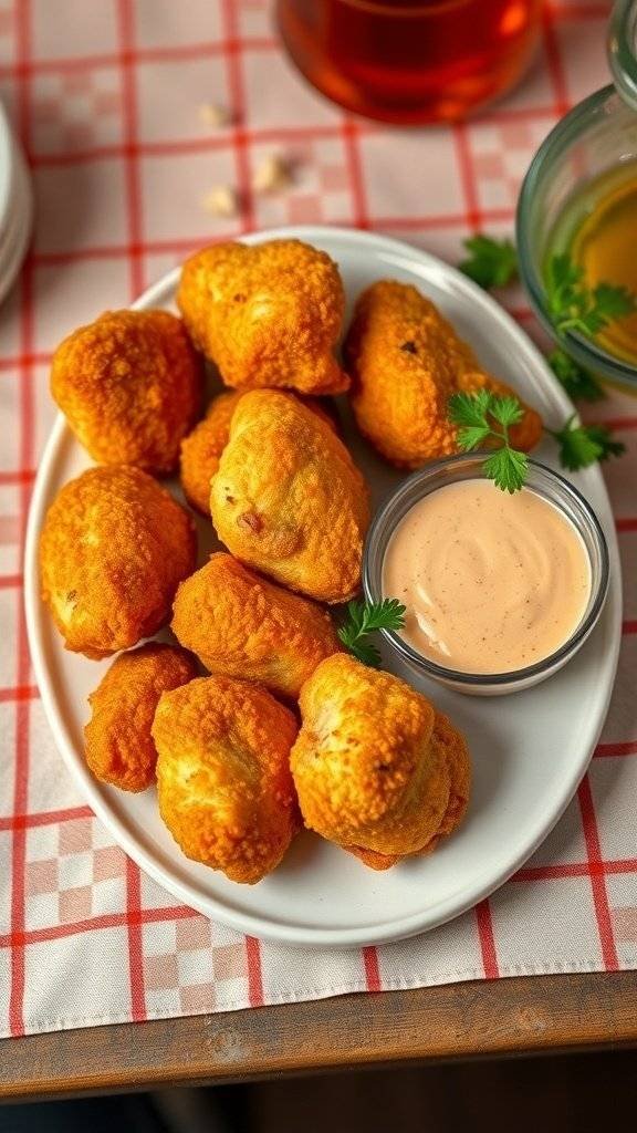 A plate of homemade chicken nuggets with dipping sauce