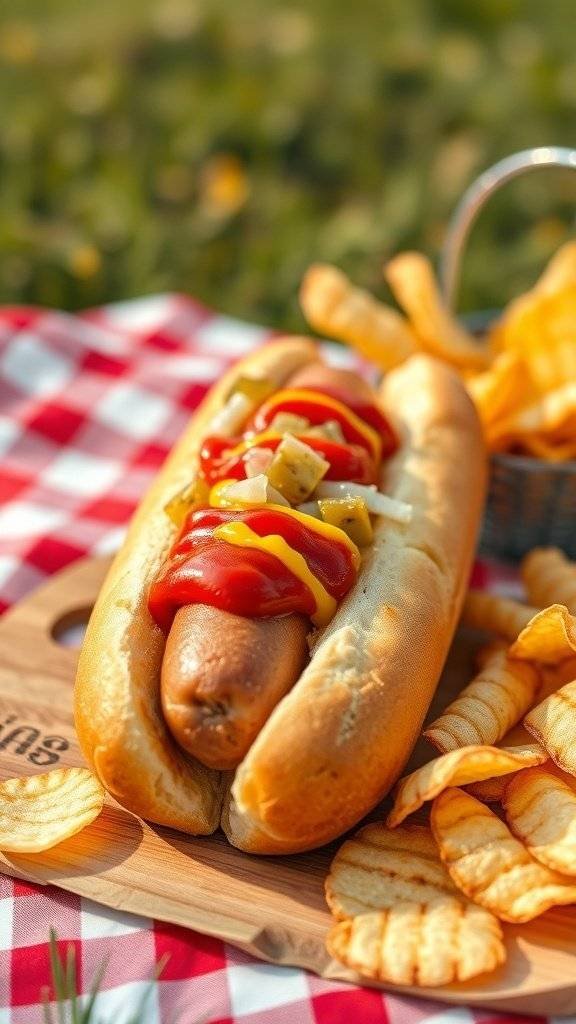 A classic hot dog with ketchup and mustard, served with potato chips on a picnic blanket.