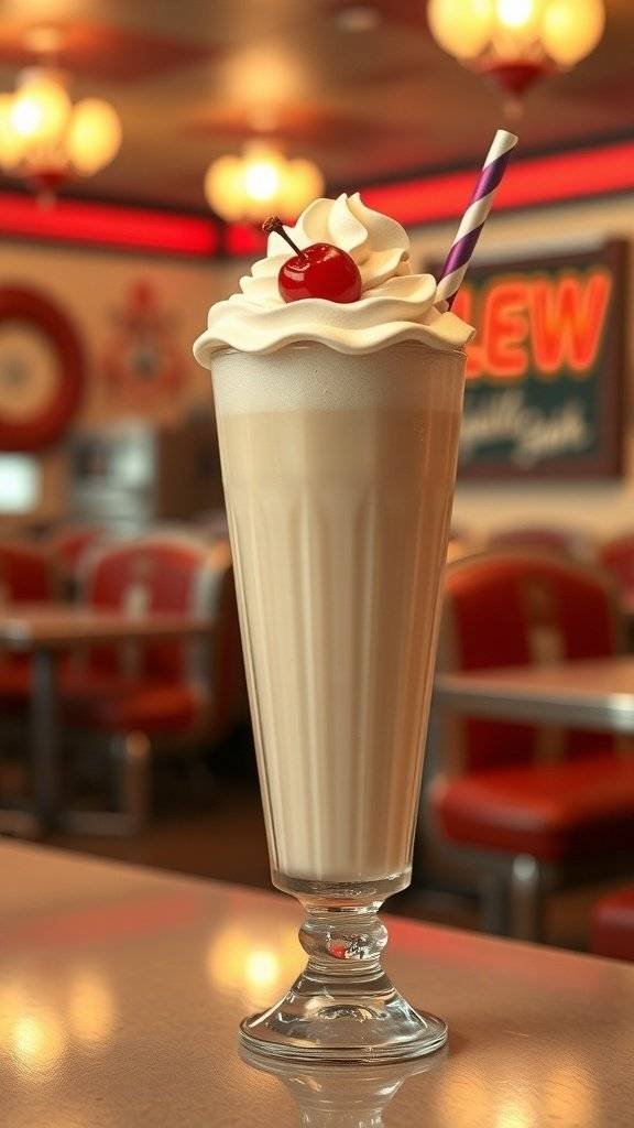 A classic milkshake topped with whipped cream and a cherry in a retro diner setting.