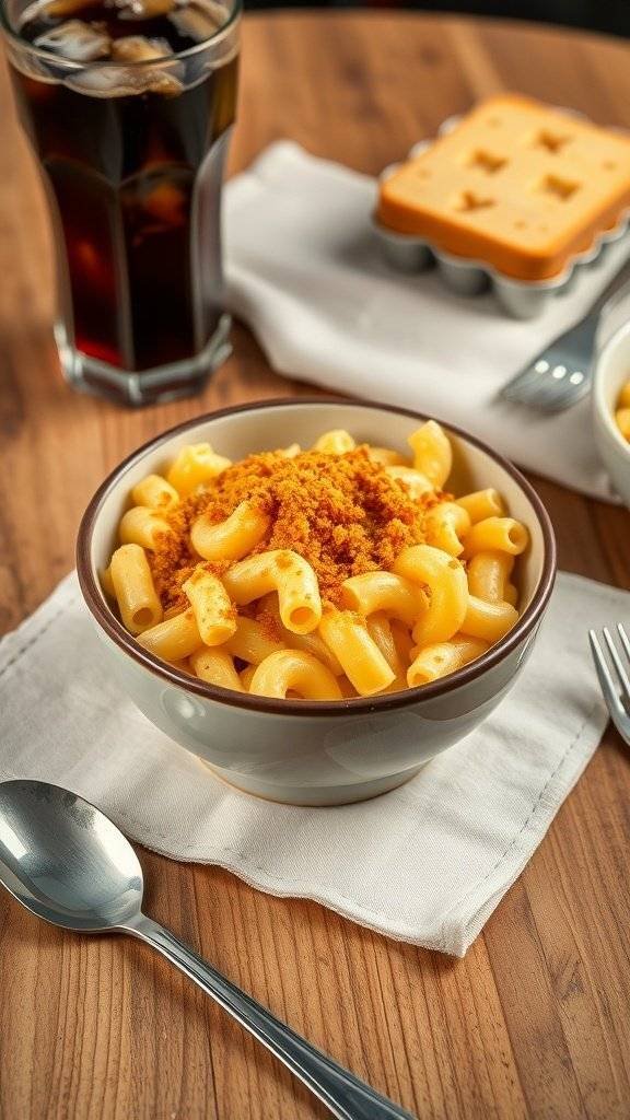 A bowl of macaroni and cheese topped with seasoning, alongside a drink and a cheese mold.