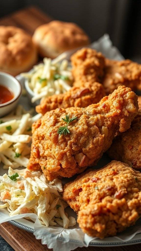 Plate of fried chicken with coleslaw and biscuits