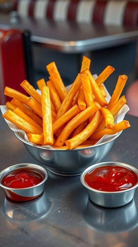 A bowl of homemade French fries with two small bowls of ketchup on the side.