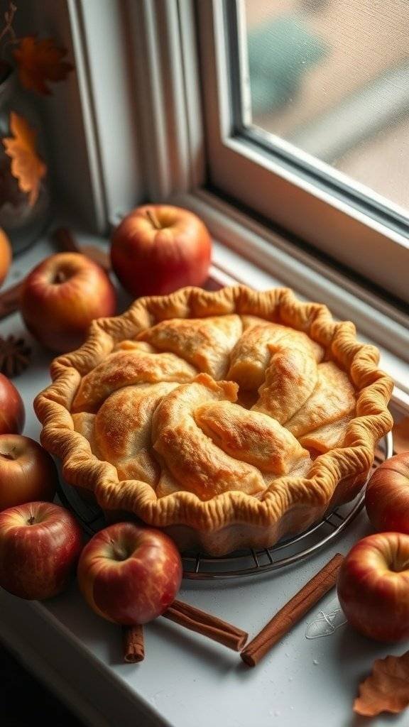 A classic apple pie on a windowsill with fresh apples and cinnamon sticks around it.