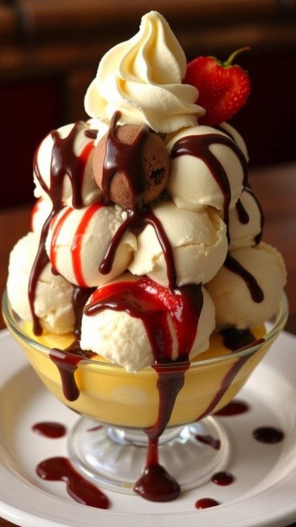 A vintage banana split with ice cream, chocolate syrup, and a cherry on top.