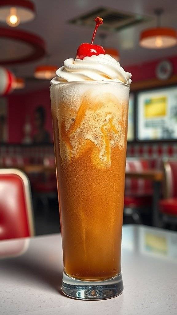 A classic root beer float topped with whipped cream and a cherry, served in a tall glass.