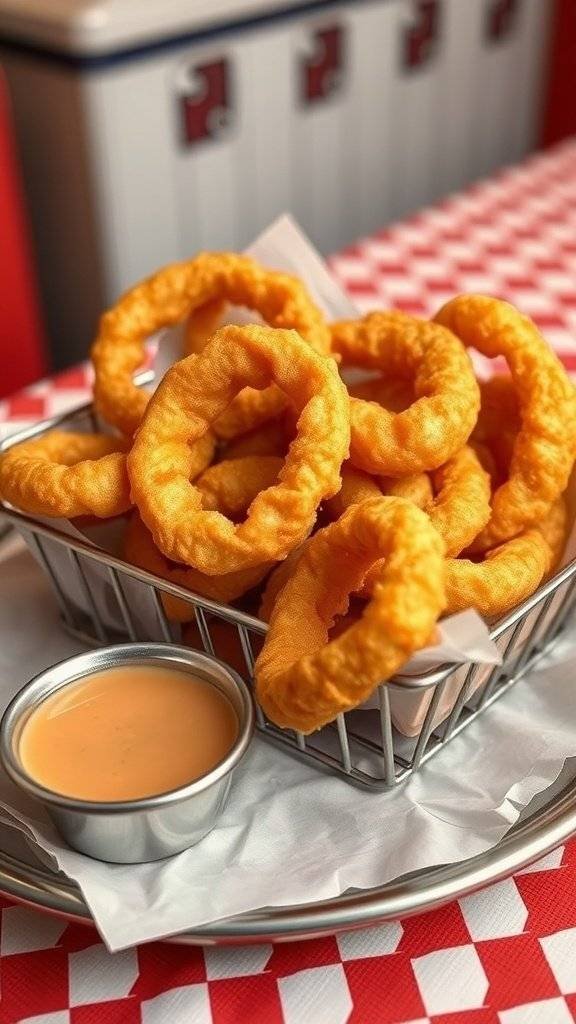 A basket of crispy onion rings with a side of dipping sauce.