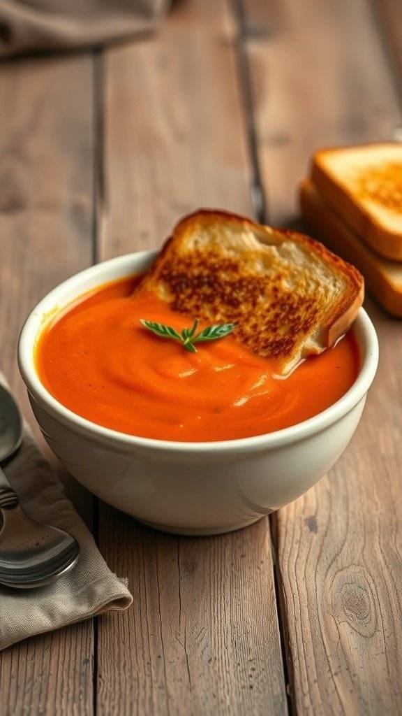 A bowl of tomato soup with a grilled cheese sandwich resting on the edge, set on a wooden table.