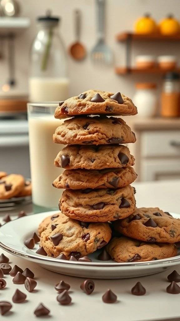 A stack of chocolate chip cookies with chocolate chips scattered around, next to a glass of milk.