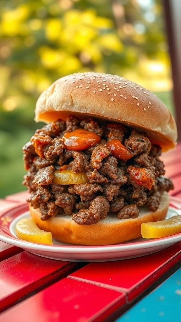 A delicious homemade Sloppy Joe sandwich overflowing with seasoned ground beef and colorful peppers on a sesame seed bun.