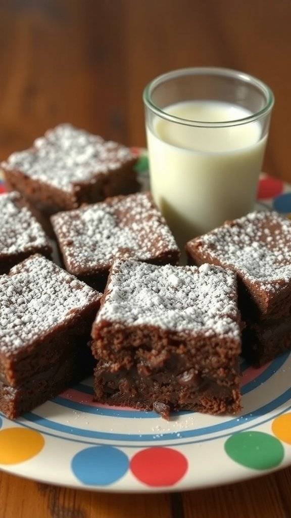 Plate of classic brownies with powdered sugar and a glass of milk