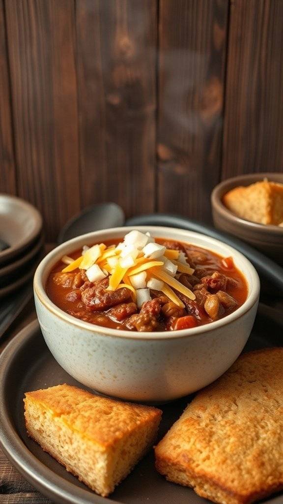A bowl of traditional chili with toppings, served with cornbread.