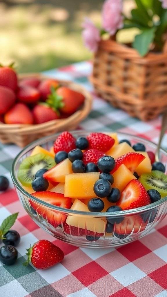 A bowl of colorful fruit salad featuring strawberries, blueberries, kiwi, and cantaloupe, set on a picnic table.
