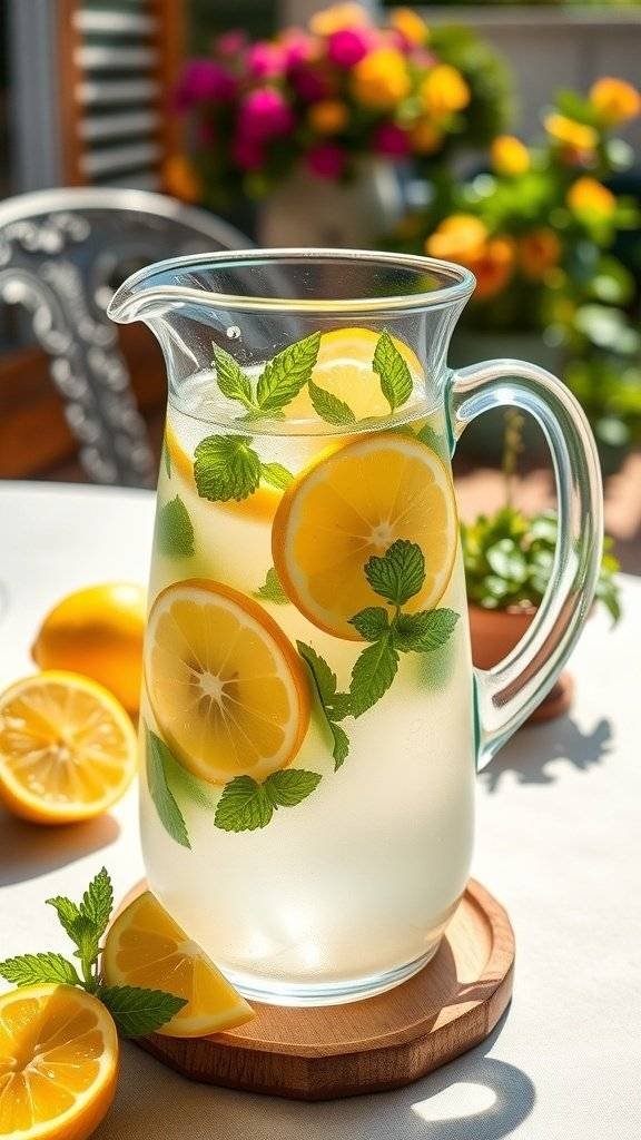 A pitcher of classic lemonade with lemon slices and mint leaves, surrounded by fresh lemons.