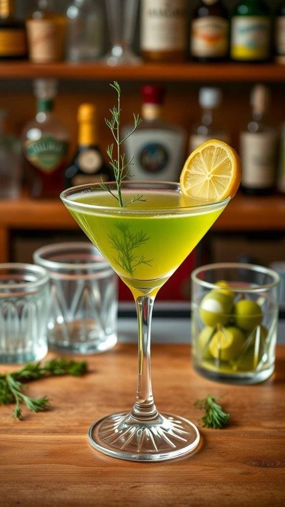 A refreshing dill pickle martini garnished with a lemon slice and dill, set against a backdrop of various liquor bottles.