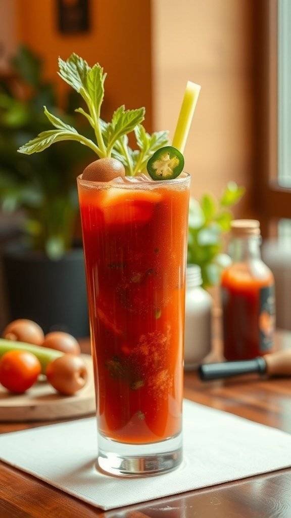 A Spicy Pickle Bloody Mary cocktail garnished with celery, jalapeño, and a pickle spear.