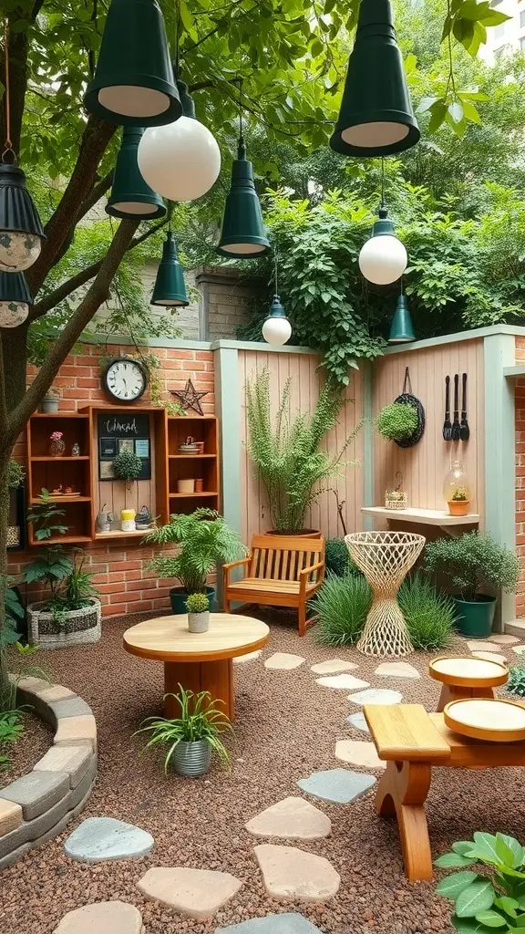 A cozy garden space with a wooden fence, colorful plants, and a playful atmosphere.