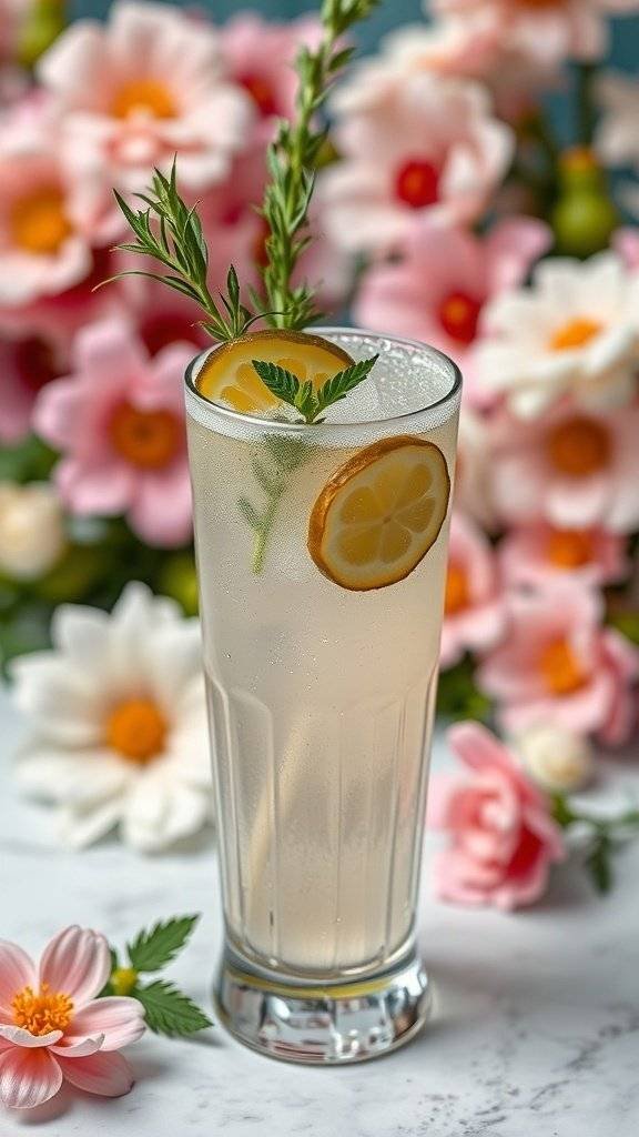 A refreshing herbed pickle gin fizz cocktail garnished with lemon slices and herbs, surrounded by colorful flowers.