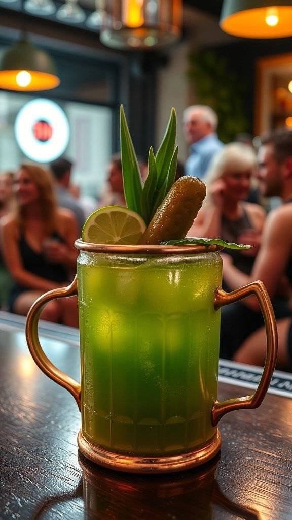 A vibrant green cocktail garnished with a pickle and lime, sitting on a bar.