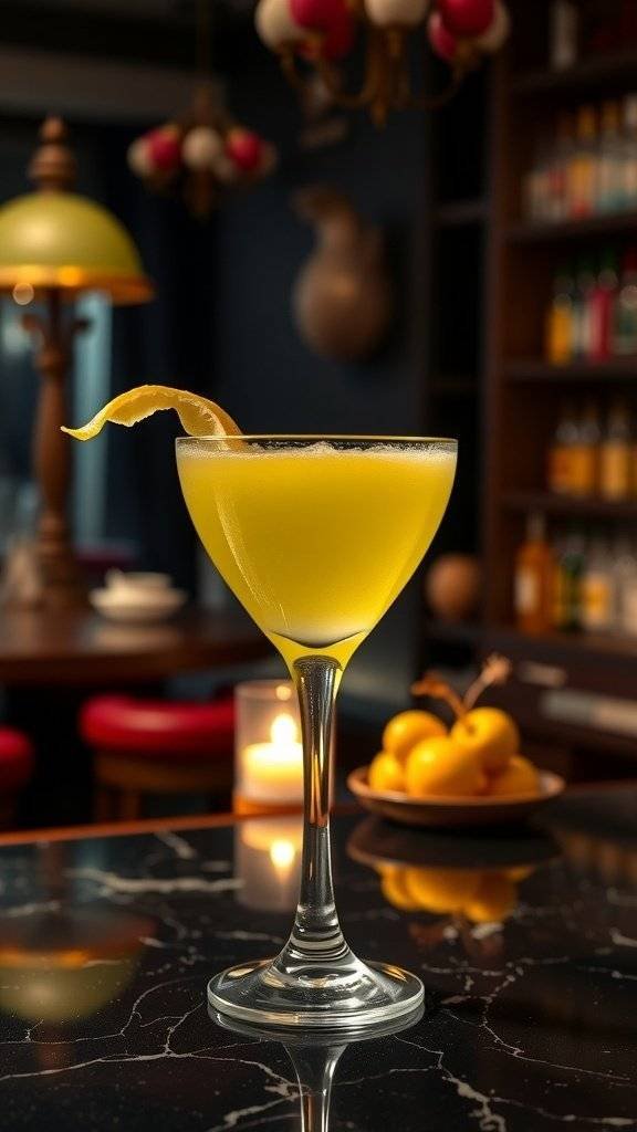 A Tangy Pickle Sour cocktail in a stylish glass, garnished with a lemon twist, set against a cozy bar background.