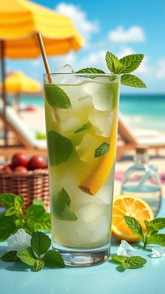 A refreshing Zesty Pickle Mojito cocktail with mint and lemon, set against a beach background.