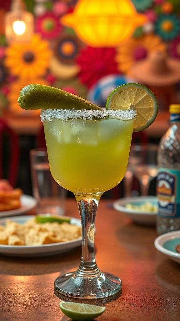 A vibrant Crunchy Pickle Margarita garnished with a lime wedge and pickle spear.