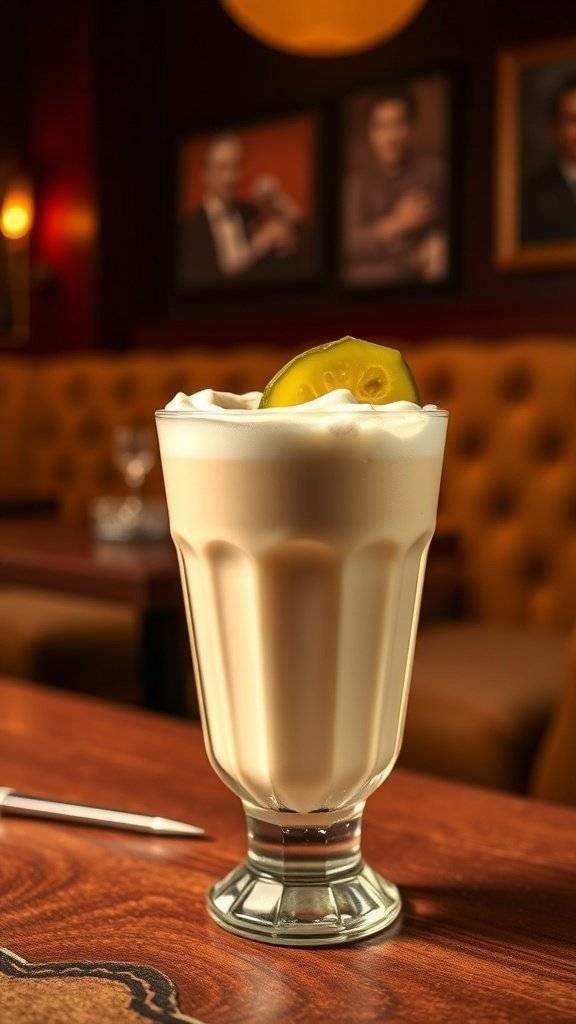 A creamy pickle white Russian cocktail garnished with a pickle slice, set in a cozy bar atmosphere.