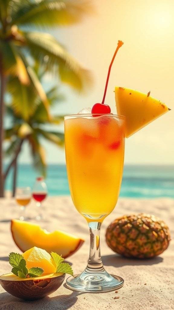 A vibrant Pickled Pineapple Smash cocktail garnished with a cherry and pineapple slice, set against a tropical beach backdrop.