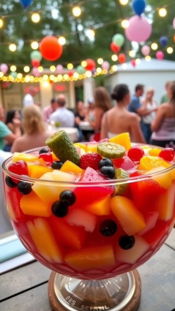 A vibrant bowl of Savory Pickle Rum Punch with fruits and pickles, perfect for a party.