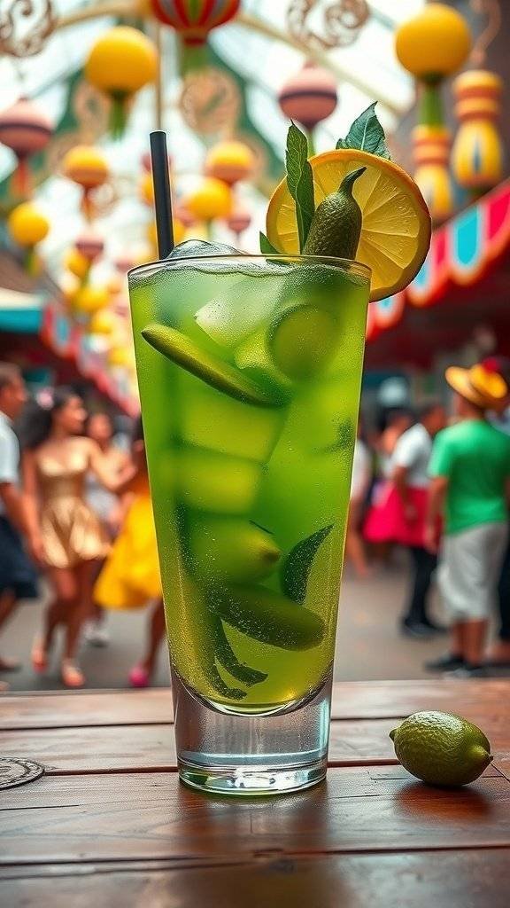 A refreshing Spicy Pickle Caipirinha cocktail with lime and mint garnishes