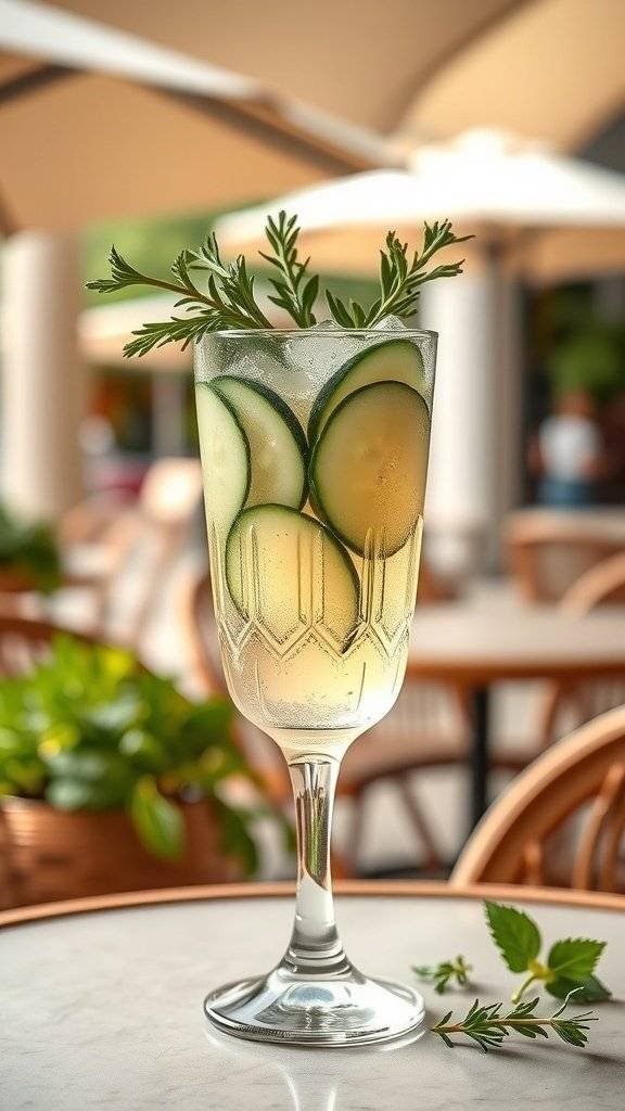 A refreshing Pickled Cucumber Spritz cocktail garnished with cucumber slices and herbs.