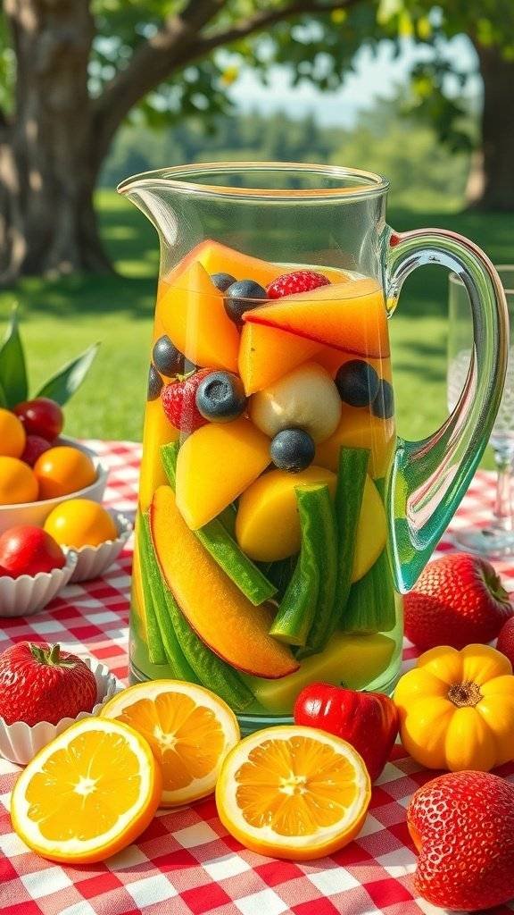 A pitcher of colorful chilled pickle sangria with fresh fruits and pickles on a picnic table.
