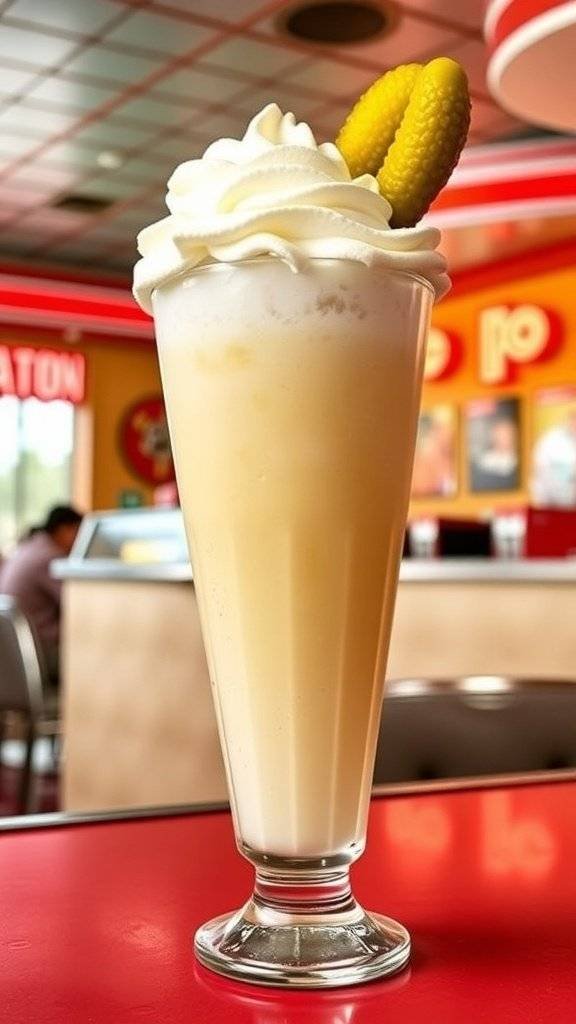A tall glass of Velvety Pickle Cream Soda topped with whipped cream and a pickle slice.