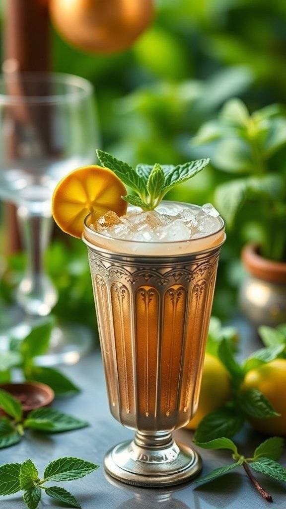 A Minty Pickle Julep cocktail in a silver cup with mint and lemon garnish