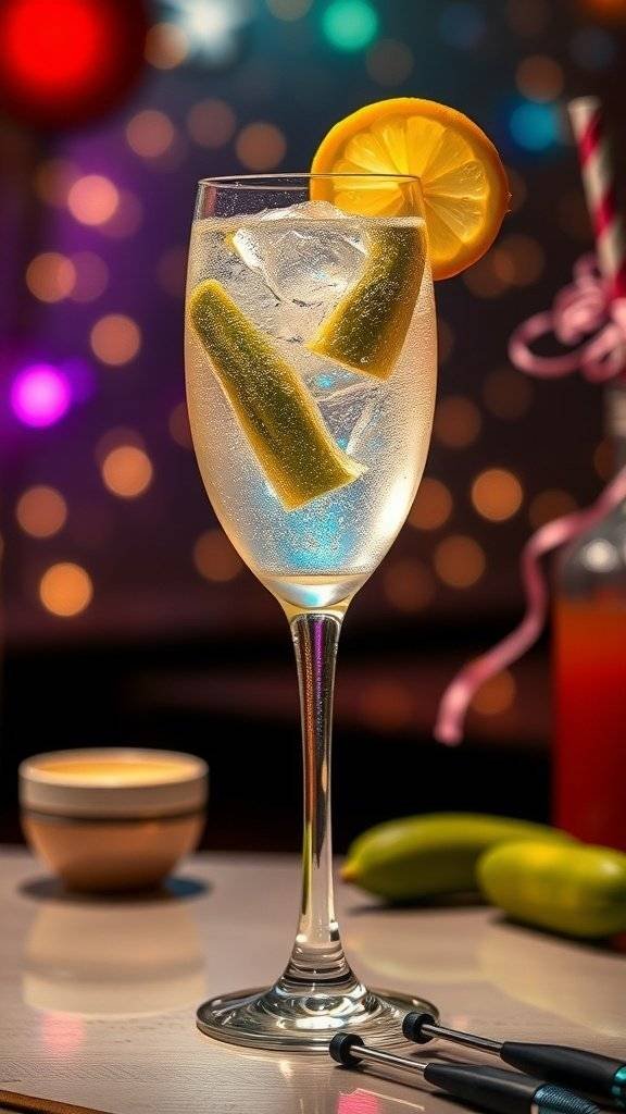 A refreshing Crisp Pickle Fizz cocktail garnished with lemon and pickles