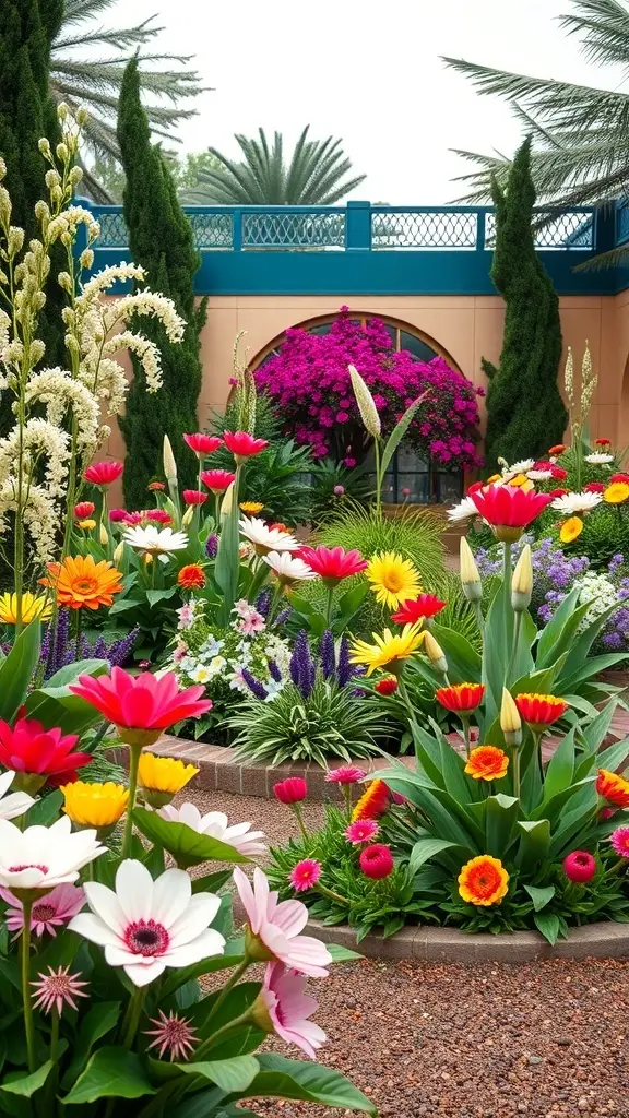 A vibrant garden filled with various colorful flowers, showcasing Art Deco floral arrangements.