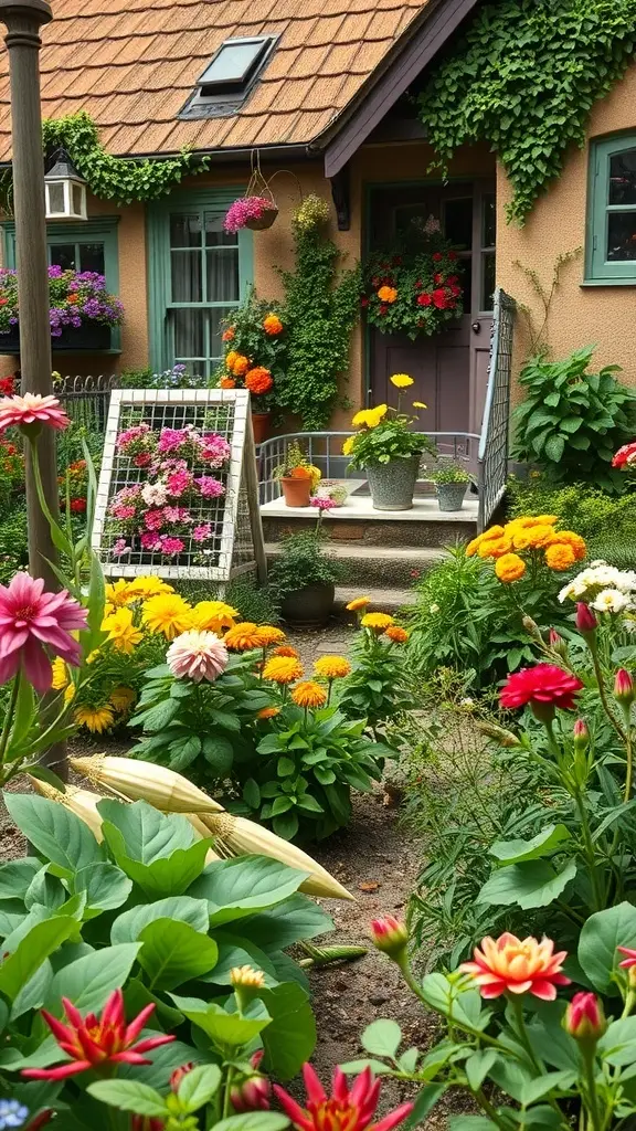 A vibrant cottage garden with flowers and a cozy home, inspired by the 1920s.