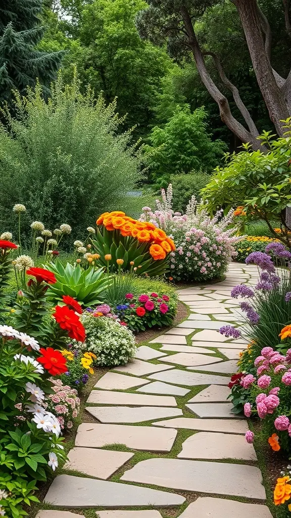 A natural stone pathway surrounded by colorful flowers in a garden setting.