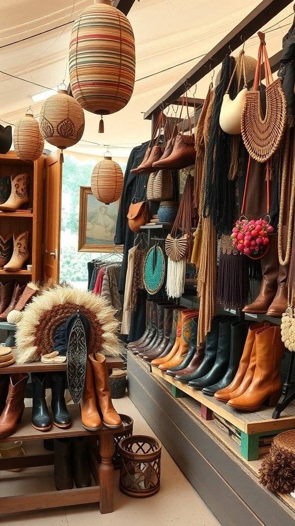 A cozy artisan shop showcasing a variety of leather boots and handmade accessories.