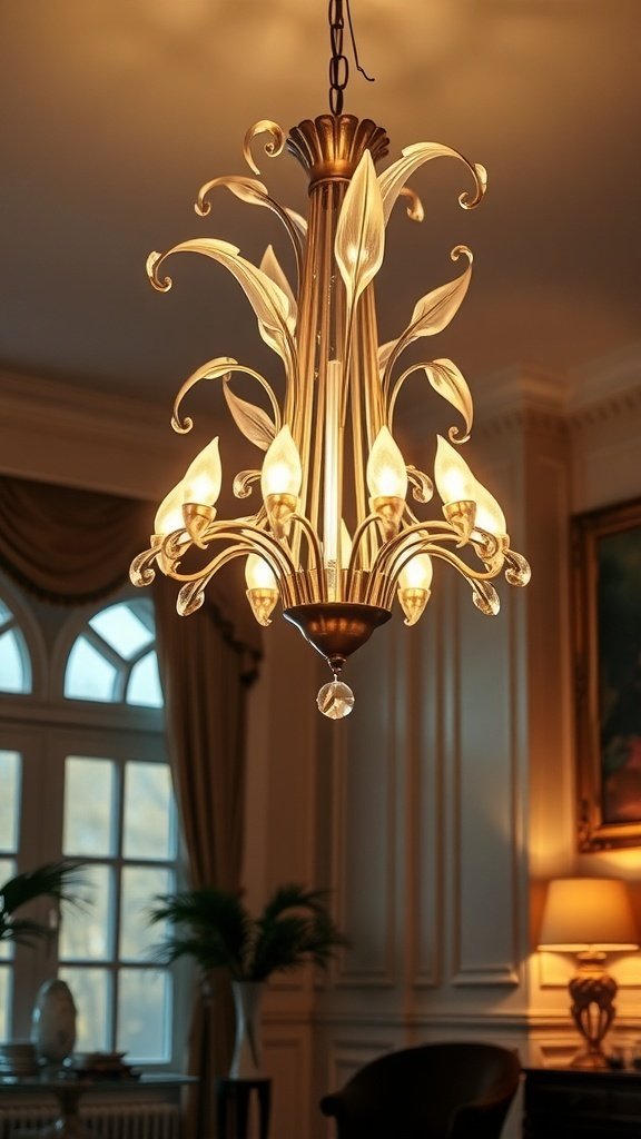 A decorative chandelier with leaf-like designs, illuminating a cozy room.