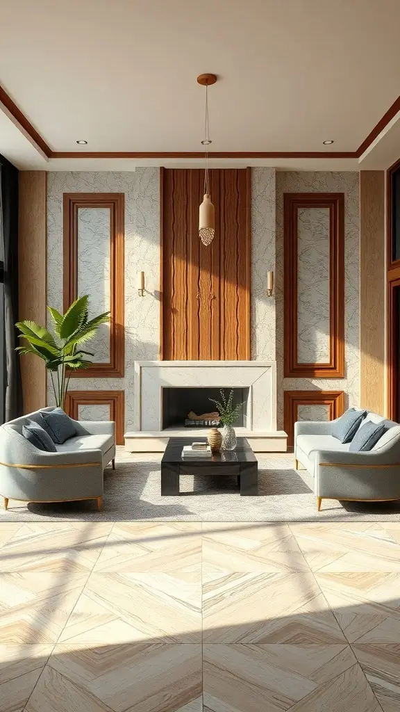 A stylish living room featuring Art Deco design with natural materials, including wood paneling, soft furniture, and indoor plants.