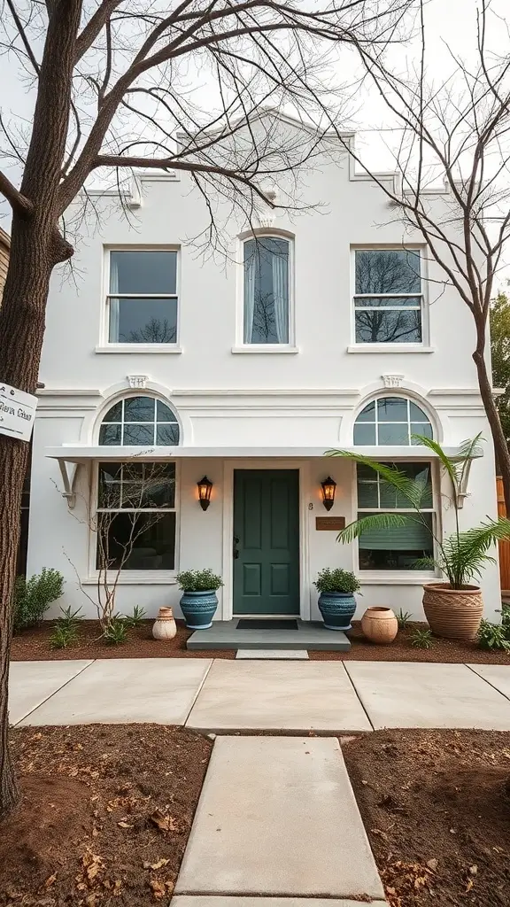 A charming Art Deco home with a white exterior, green door, and earthy landscaping.