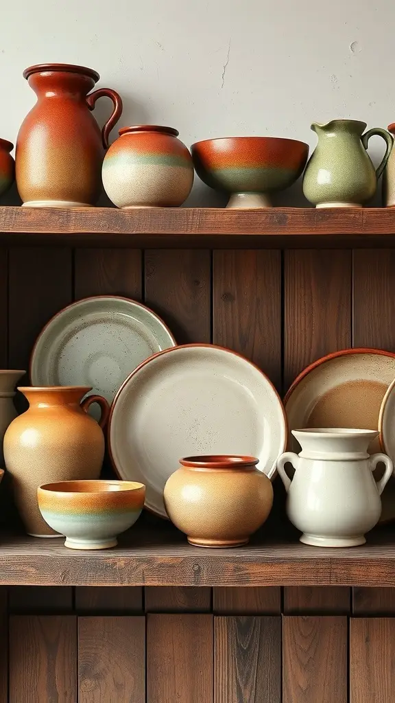 A collection of Art Deco ceramics with earthy glazes displayed on wooden shelves.