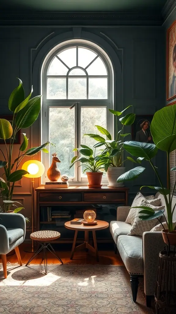 A stylish Art Deco room featuring various indoor plants, showcasing a blend of natural elements and elegant design.
