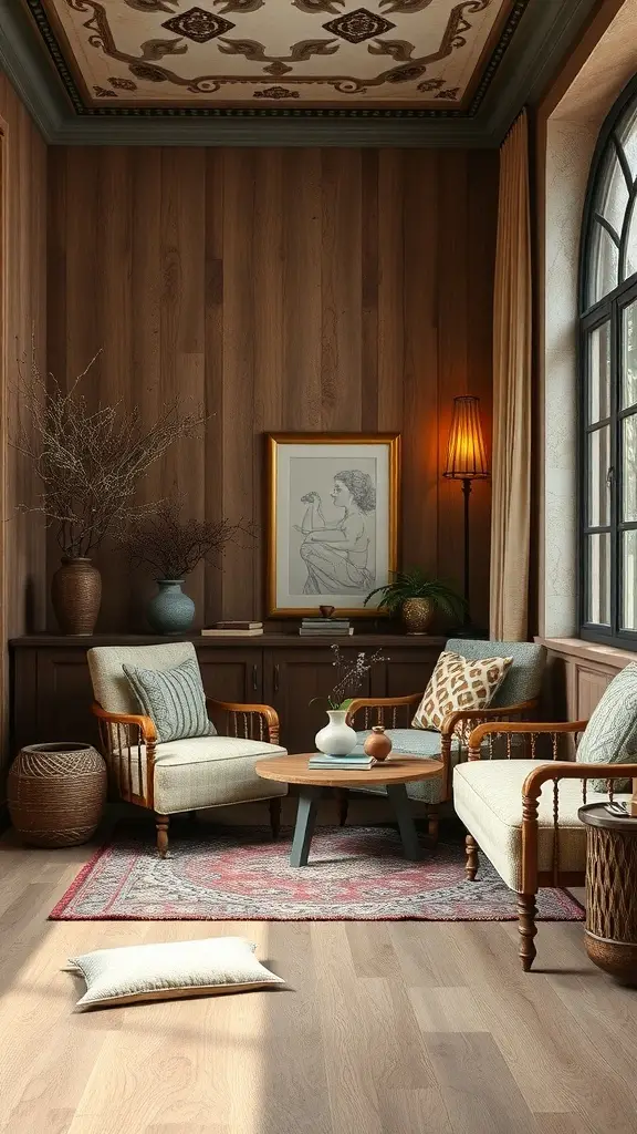 Cozy Art Deco interior with earthy textures, featuring wooden paneling, woven furniture, and natural light.