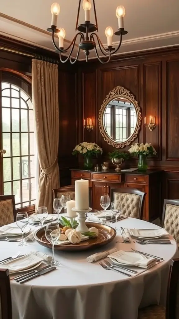 Elegant dining room with wooden paneling, a long table set for a meal, and soft lighting.