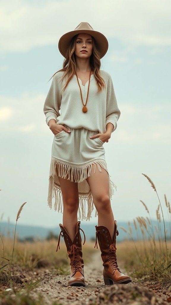A woman wearing Boho boots and a fringed dress, standing in a natural setting.