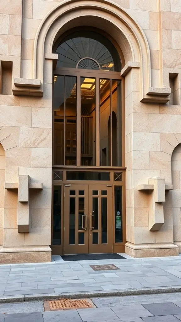 Art Deco entrance with natural stone and metal accents