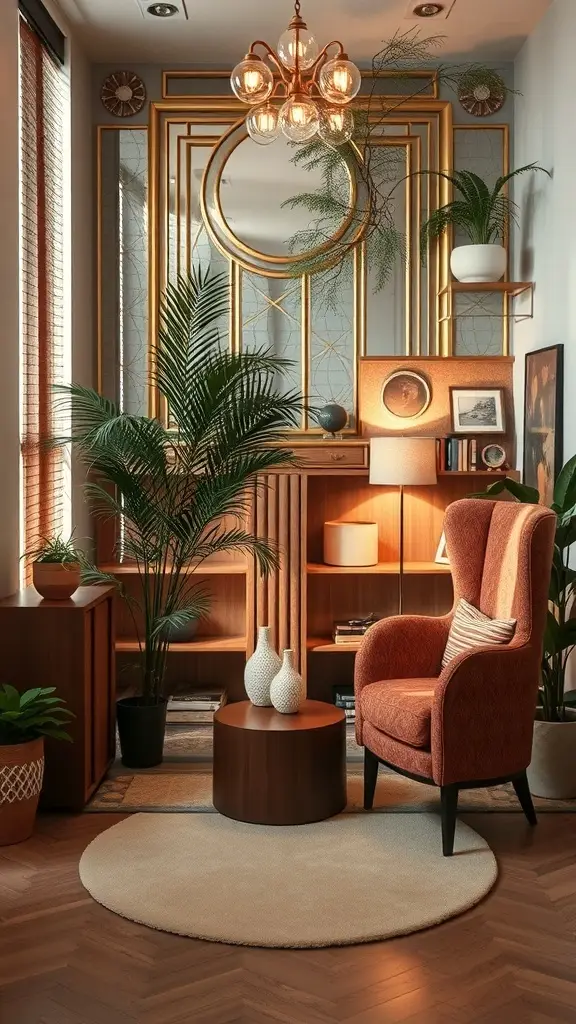 Cozy corner featuring Art Deco elements and natural decor with plants, a vintage chair, and warm wooden furniture.